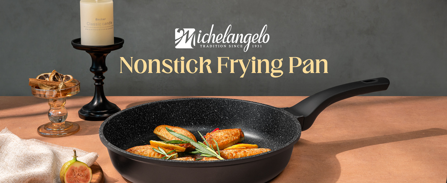 nonstick frying pan with silicone handle, ease of cleaning, works well on all cooktops, durable