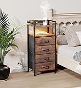Night Stand Bedside Table Bedroom - Tall Nightstand with Charging Station &amp; LED Light Strip, Bed ...
