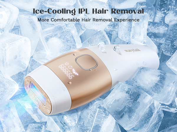 Ice-cooling IPL hair removal device. White and gold handheld unit for more comfortable hair removal, shown on a bed of ice cubes.