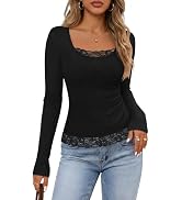 MEROKEETY Women's Long Sleeve Lace Trim Tops 2026 Fall Ribbed Scoop Neck Button Shirts Going Out ...
