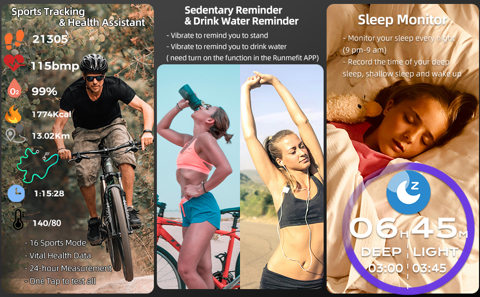 track sports and activity, sleep, sedentary/drink water reminder