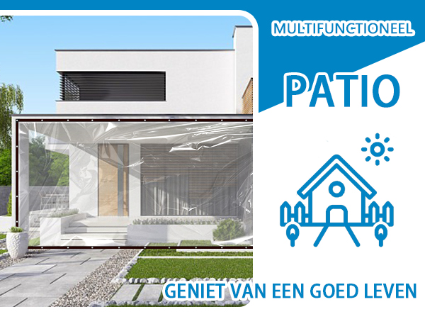 Modern white house exterior with patio area, featuring promotional text 'Multifunctioneel Patio' and blue house icon design.