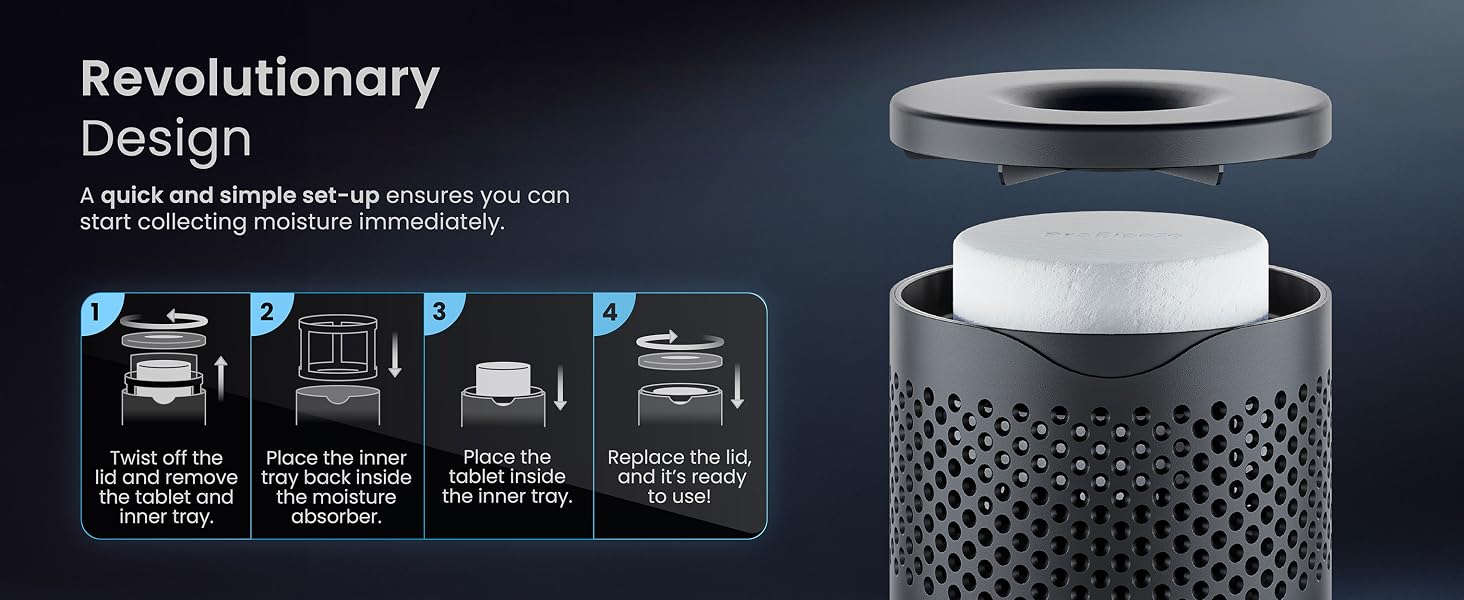 Product diagram showing revolutionary design features with circular device components and interface icons in dark theme.