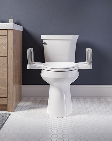 Assist toilet seat by Bemis with built-in support arms in beautiful modern bathroom