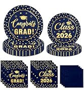 Navy Blue and Gold Graduation Paper Plates and Napkins Serve 50, Polka Dots Graduation Decoration...