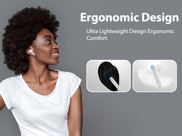Text reads 'Ergonomic Design' and 'Ultra Lightweight Design Ergonomic Comfort.' Marketing image displaying wireless earbuds with black and white product icons.