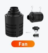 Black portable fan unit with detachable components shown in exploded view, labeled as 'Fan' with orange background tag.