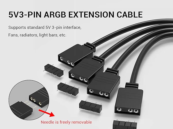 5V3-PIN ARGB extension cable with multiple black connectors. Supports standard 5V 3-pin interface for fans, radiators, and light bars. Inset shows removable needle pins.