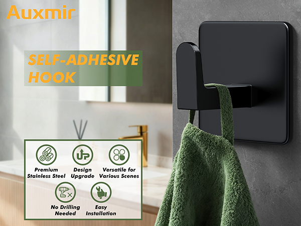 Auxmir self-adhesive hook, premium stainless steel, no drilling needed, easy installation