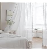 Erbnaryx White Sheer Curtains 84 inch Long, Fringed Edges and Textured Semi Sheer Curtains Large ...