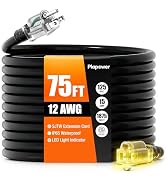 Outdoor Extension Cord 75 FT Waterproof, 12/3 Gauge Heavy Duty 3 Prong Power Cord with Lighted In...