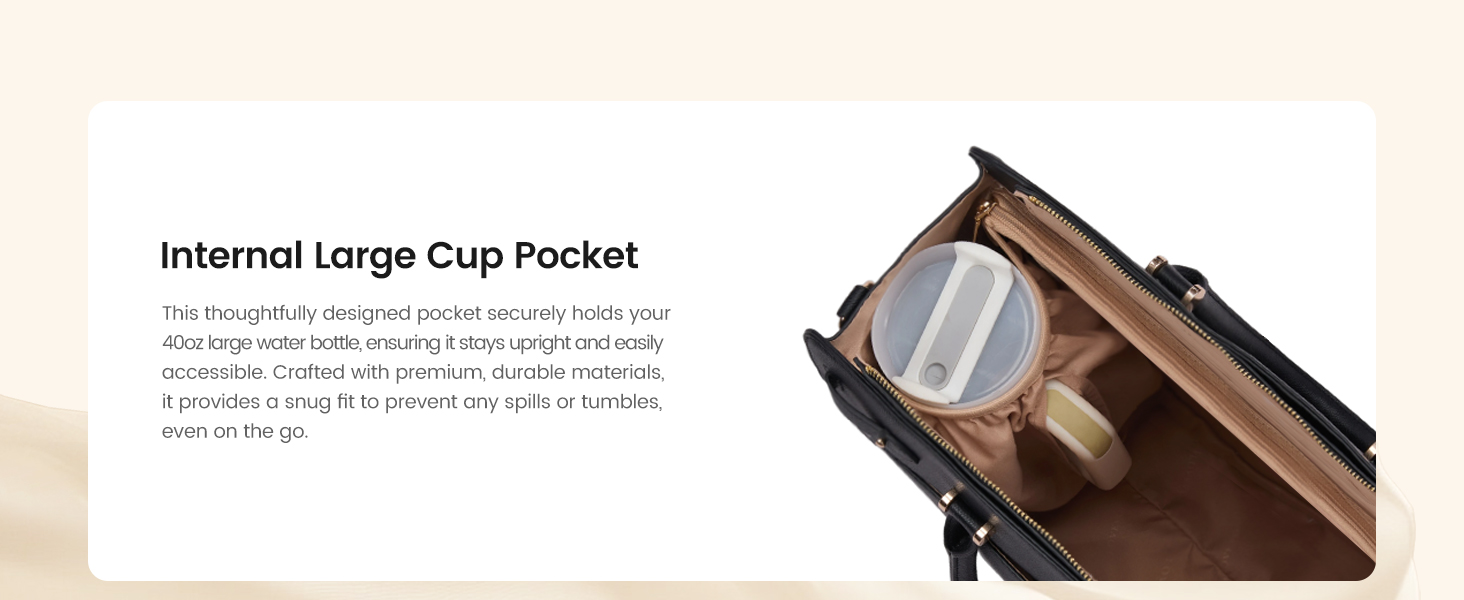 LOVEVOOK Laptop Bag: Internal large cup pocket securely holds 40oz water bottle to prevent spills.