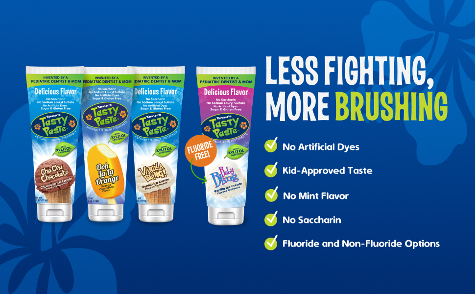 No artificial dyes, no saccharin, no mint flavor, fluoride and non-fluoride options