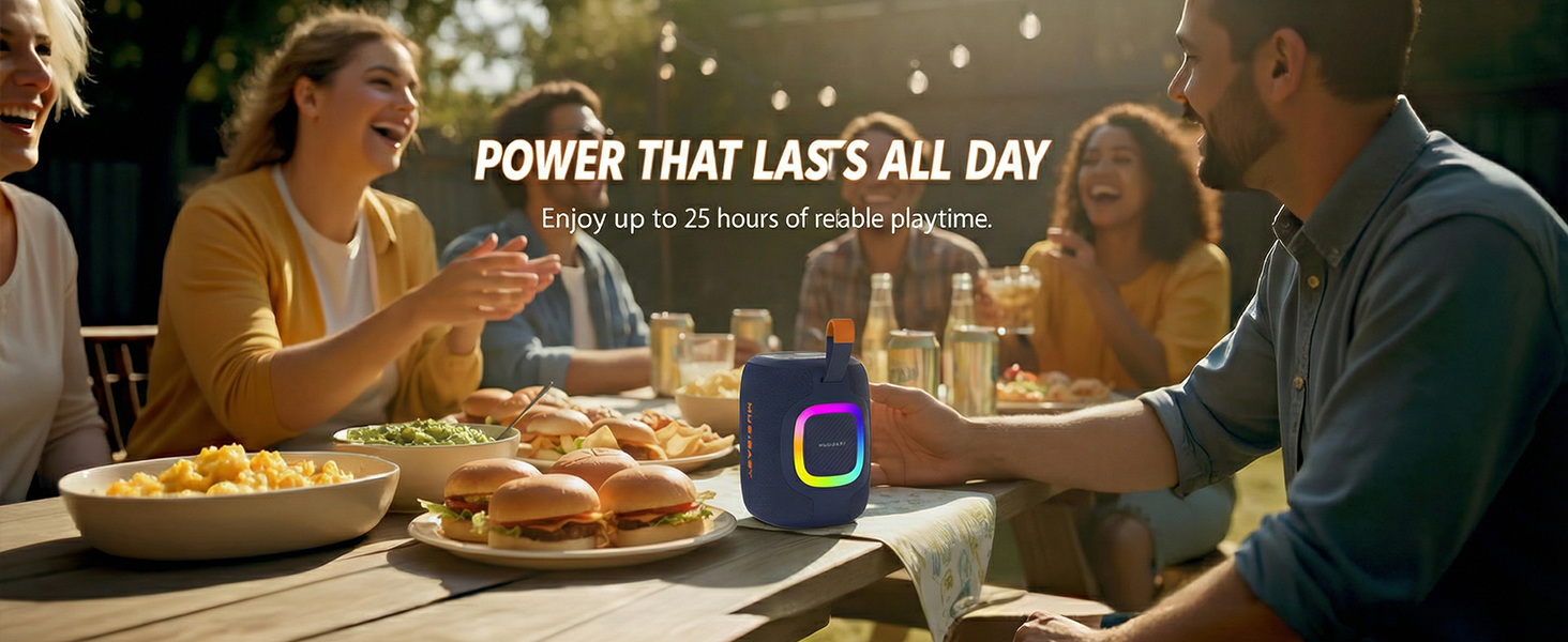 Portable Bluetooth speaker designed for long outdoor use at backyard parties Pool Party Mode