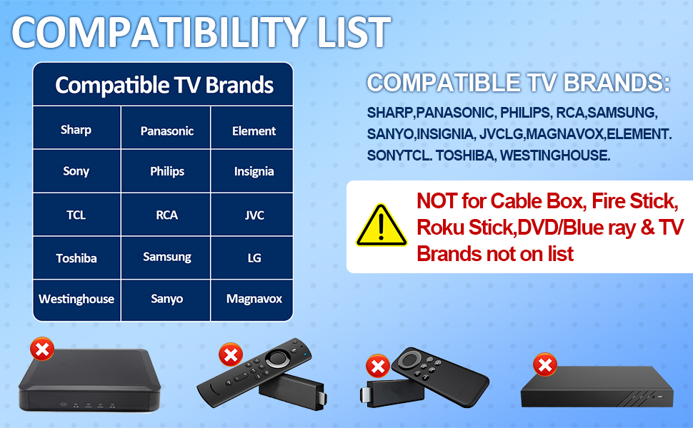 Text reads 'COMPATIBILITY LIST' with detailed blue and white chart showing device compatibility information. Warning symbol with 'NOT for Cable Box' notice.