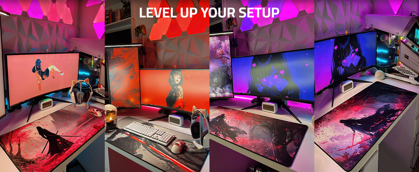 Text reads 'LEVEL UP YOUR SETUP'. Gaming setup with multiple monitors displaying colorful RGB lighting effects and gaming peripherals.