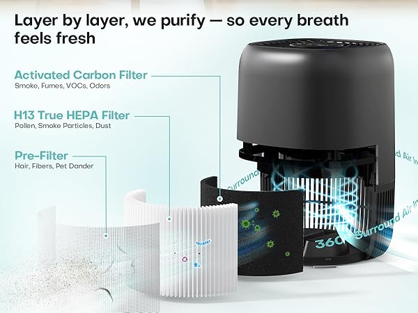 Air Purifiers Home H13 True HEPA Filter 1076 Ft² Pet Hair Odors Pollen Smoke Aroma Quiet 360°Intake