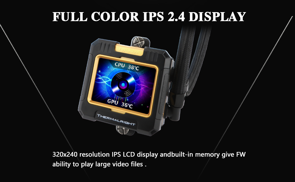 Handheld device with full color 2.4-inch IPS display. Screen shows colorful abstract image. Text indicates 320x240 resolution and video playback capability.