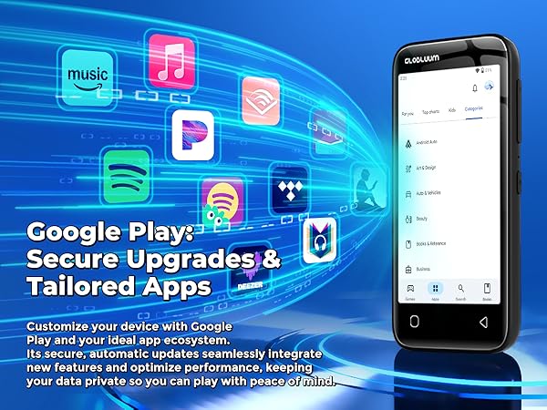 MP3 player showing Google Play updates with music and audiobook app icons flowing around it.