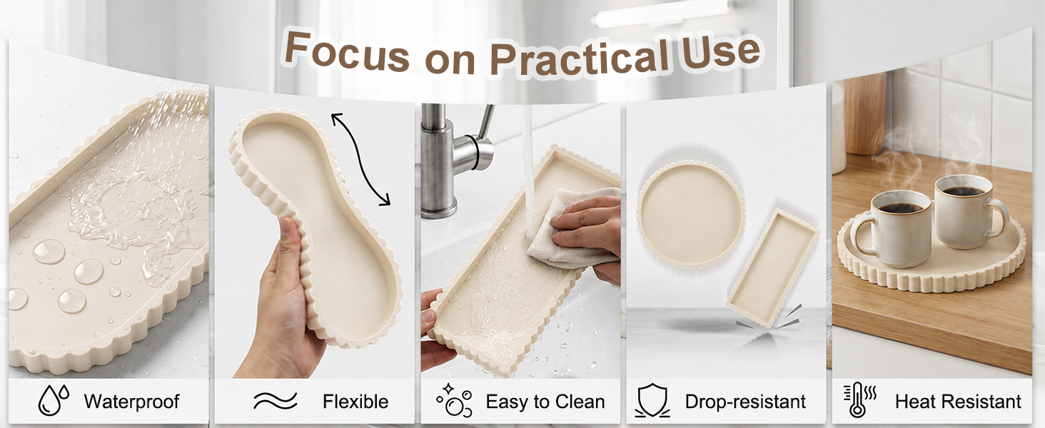 Text reads 'Focus on Practical Use' with icons stating 'Waterproof, Flexible, Easy to Clean, Drip-resistant, Heat Resistant'. Beige fabric craft supplies and storage basket components arranged flat-lay style.