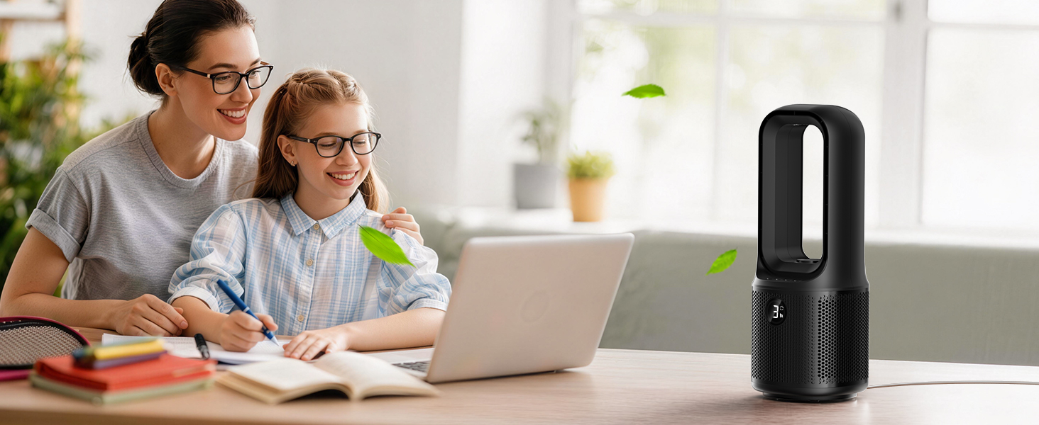 Mom and daughter studying at desk – quiet fan breeze, gentle comfort for focused learning.