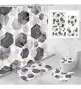 Litabel 4 Pcs Grey Modern Geometric Shower Curtain Set with Non-Slip Rugs, Toilet Lid Cover and B...