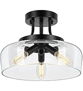 Modern Industrial Semi Flush Mount Ceiling Light with Clear Glass Shade, 3-Bulb Black Ceiling Lig...