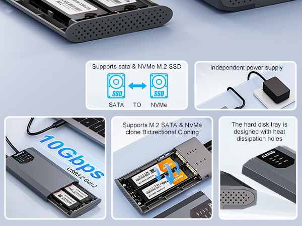 Dual-Bay M.2 SSD Enclosure Cloner for NVMe &amp; SATA