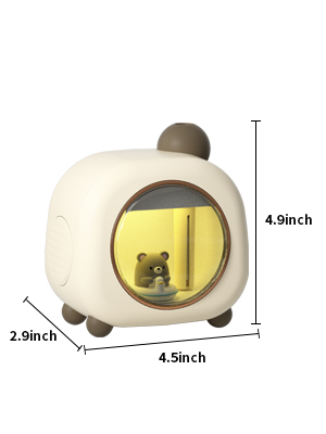 A compact animal-shaped humidifier with a glowing interior, measuring 4.9 x 4.5 x 2.9 inches.