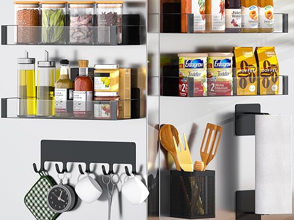 8 Pack Clear Acrylic Metal Magnetic Shelves with Magnet Hooks, Utensil Caddy &amp; Paper Towel Holder