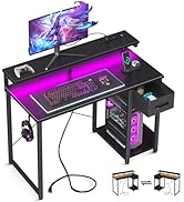 AODK Gaming Desk with LED Lights &amp; Power Outlet, 40 Inch Computer Desk with Drawer, Reversible Sm...