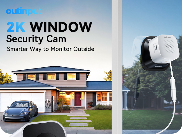 Text reads '2K WINDOW Security Cam', 'Smarter Way to Monitor Outside'. Security camera advertisement showing various monitoring scenarios and home security features.