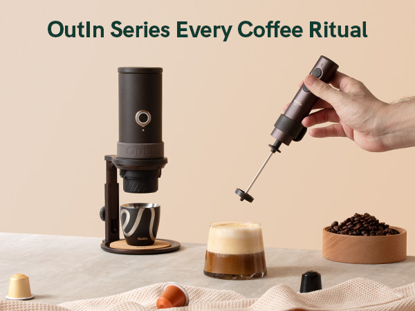 Text reads 'Outin Series Every Coffee Ritual'. Compact pour-over coffee maker shown in use with water being poured, finished cup of coffee, and coffee beans displayed on beige surface.