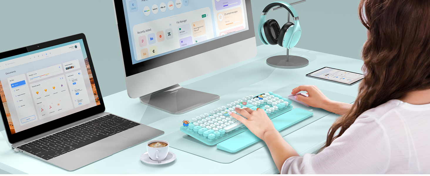 Wireless keyboard with wrist rest is suitable for use in office, home, coffee shop, etc