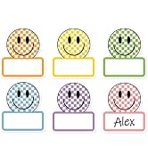 AnyDesign 120Pcs Smile Face Name Tag Stickers Self-Adhesive Nameplate Decal Pastel Checkered Happ...