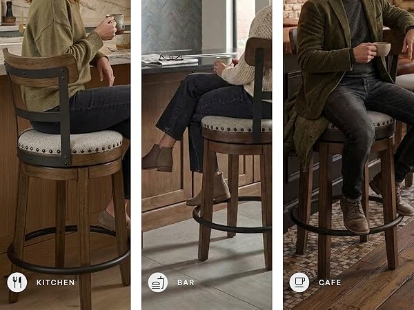 Dining room swiveling barstool showing splayed legs and wood frame construction in brown