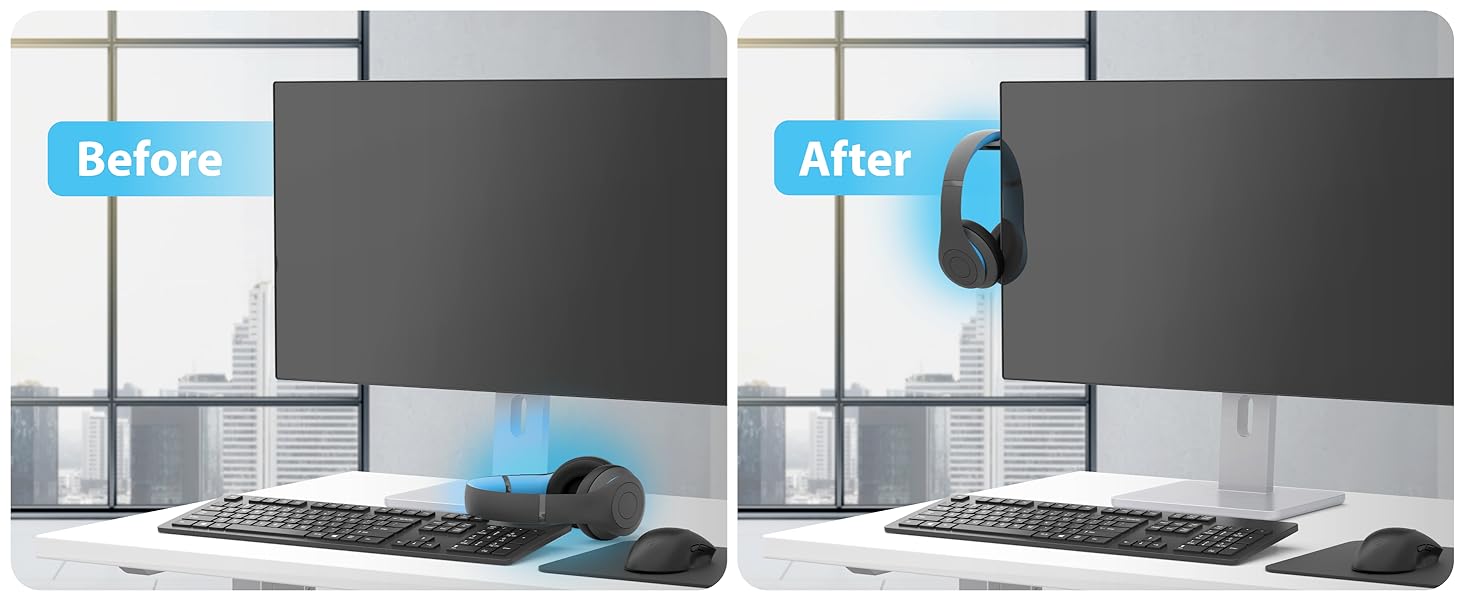 Before with headphones cluttering the desk and after with our headphone mount.