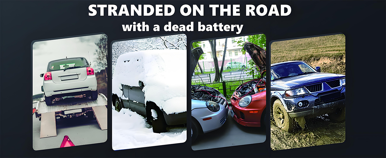 Text reads 'STRANDED ON THE ROAD'. Collage of four vehicles in snowy/icy road conditions showing various winter driving situations.