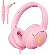 Kids Headphones with Cord, 85/94dB Volume Limit, Wired Over-Ear Pink Headphones for Girls Kids wi...
