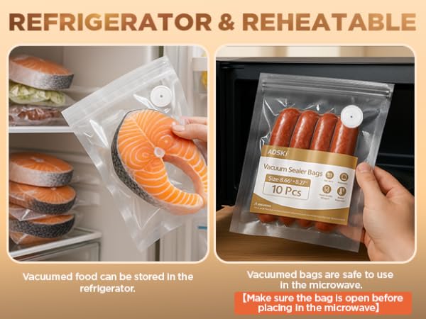 Vacuum sealed salmon stored in freezer at -36°C and sausages reheated in microwave at 100°C.