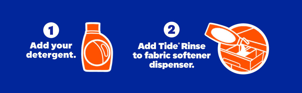 1. Add your detergent. 2. Add Tide Rinse to fabric softener dispenser.
