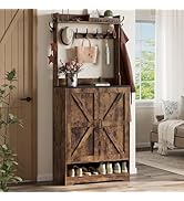 Vantic Farmhouse Hall Tree with Shoe Storage Cabinet, 14 Coat Hooks &amp; 6 Tier Organizer, Rustic Brown