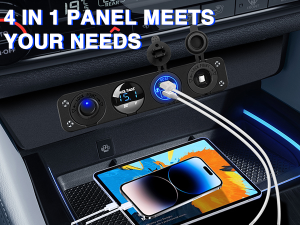 4 in 1 ON/Off Charger Socket Panel PD Type C and QC 3.0 USB charger