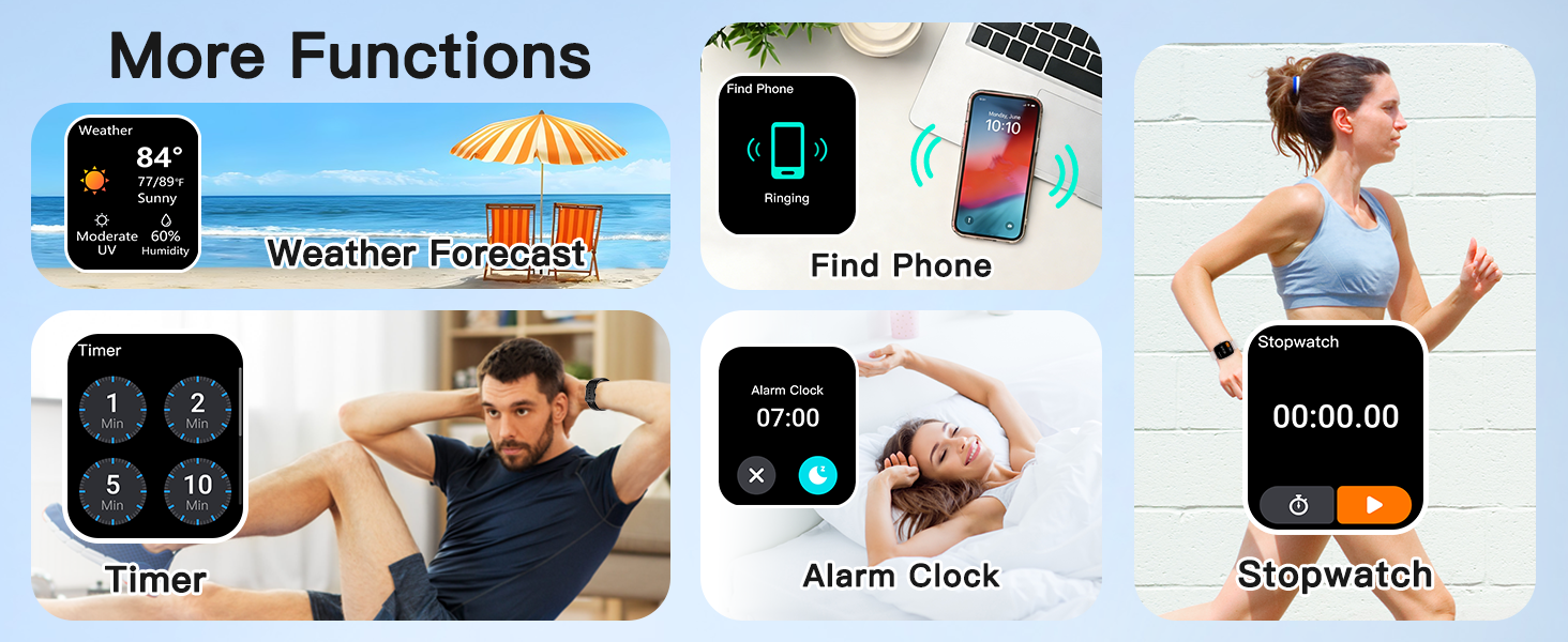 Smartwatch with weather, find phone, timer, stopwatch, alarm. For daily convenience at home or work.