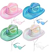 Cididu Set of 4 Holographic Space Cowgirl Hat, Large Metallic Space Cowboy Party Hat with Glasses...