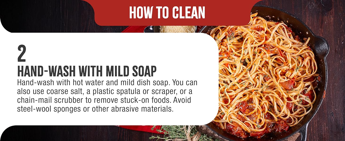 A cast-iron skillet frying pan cooking pasta. Text reads: Hand-wash with mild soap.