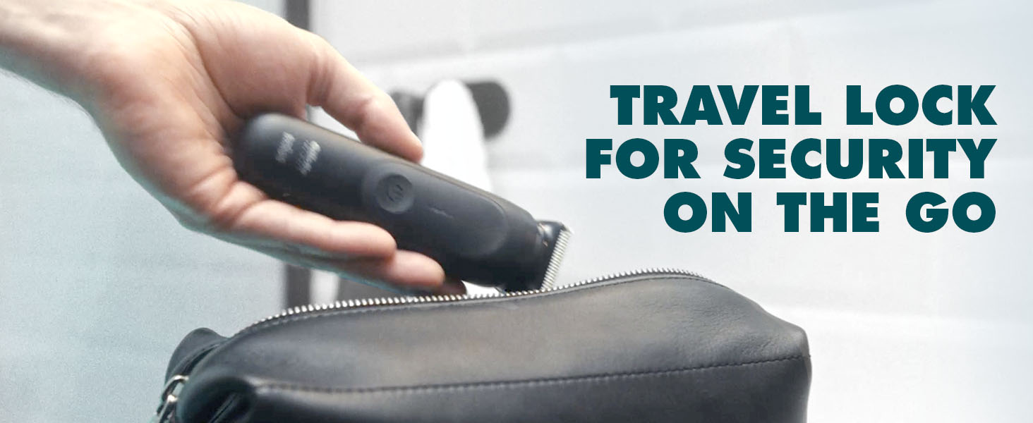 Man putting away i7 trimmer to travel bag, travel lock toggled for security on the go