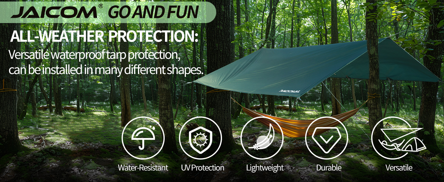 Jaicom outdoor tarp for all-weather protection. Features include water resistance, UV protection, lightweight design, and versatile installation options.