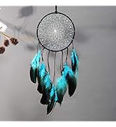 Dream Catcher with Bicolor Mesh, Handmade Dark Tone Dreamcatcher with Black and Turquoise Feather...