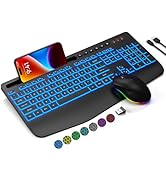 Wireless Keyboard and Mouse Combo with 7 Colored Backlits, Wrist Rest, Rechargeable Ergonomic Key...
